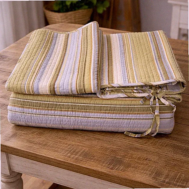 100% Cotton Green Brown Blue FQ Striped Quilt SET 2 Pillow Shams 90x90 #READ##
