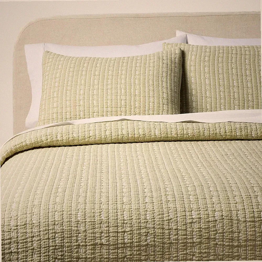 3pc Full/Queen Matelasse Quilt and Shams Set Tinker Stripe Green - Threshold