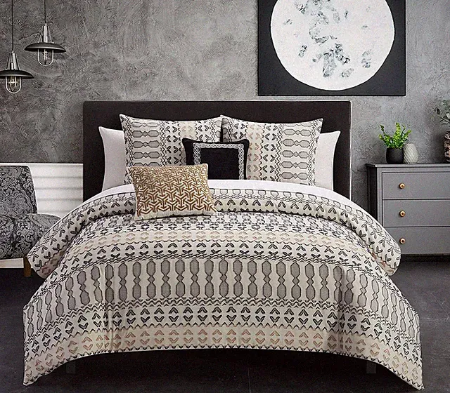 5 Piece Queen Cotton Comforter Set Farmhouse Geometric Striped Beige Bedding