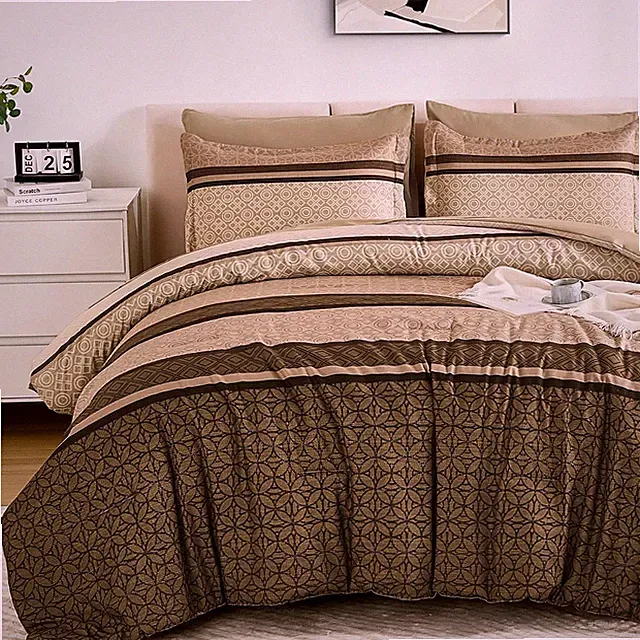 7 Piece Queen Comforter Set Brown Striped Bed in a Bag Bedding Set 90x90