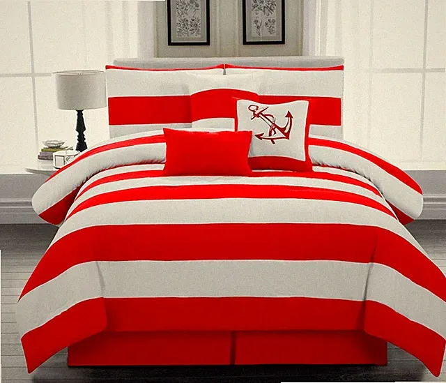 7Pc Nautical Comforter set, Red & White Striped, Twin Full Queen King Cal-King
