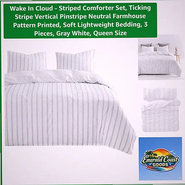 All-Season Striped Comforter Set - Soft Lightweight Queen Bedding in Gray White