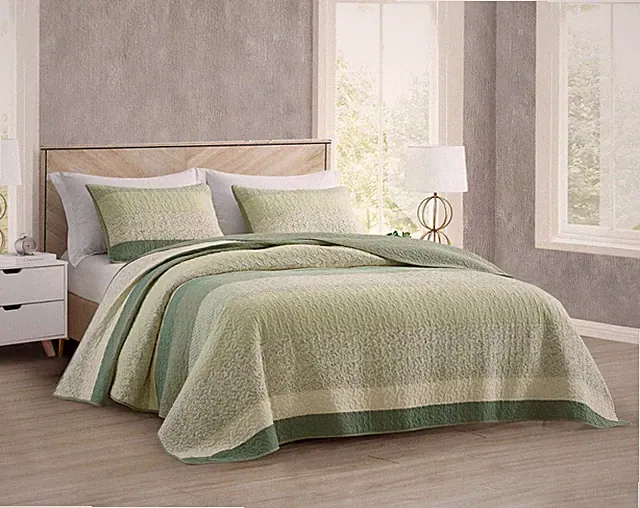 Chezmoi Collection Sage Green Floral Stripe Patchwork Cotton Quilt Bedspread Set