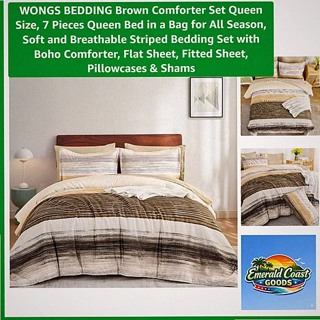Contemporary Brown Striped Queen Comforter Set - Soft 7-Piece Bedding Collection