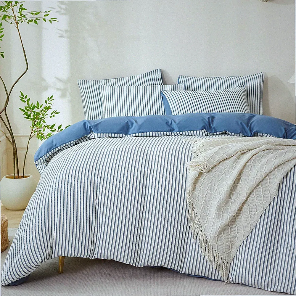 Denim Blue Striped Queen Comforter Set with 2 Pillowcases - All Seasons Comfort