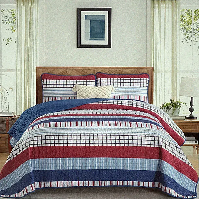 DJY King Striped Quilt Set, Red Blue Boho Bedspread Coverlet, 3 pc Lightweight
