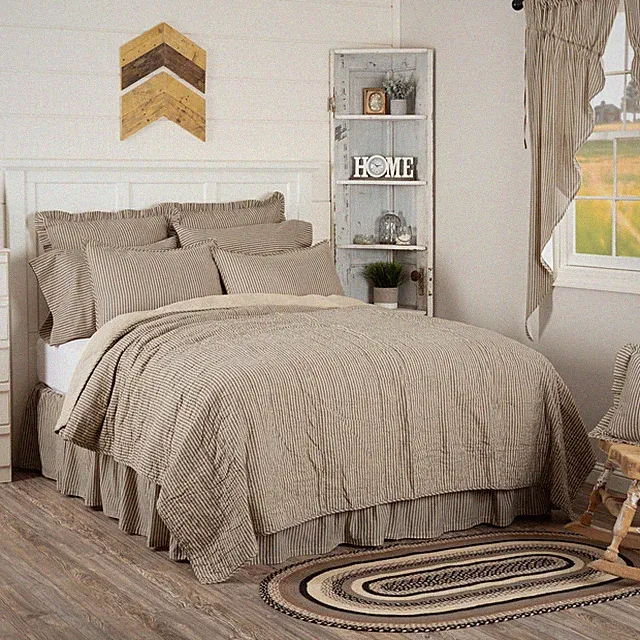 Farmhouse Queen Ticking Stripe Coverlet Creme Sawyer Bedroom Decor VHC Brands