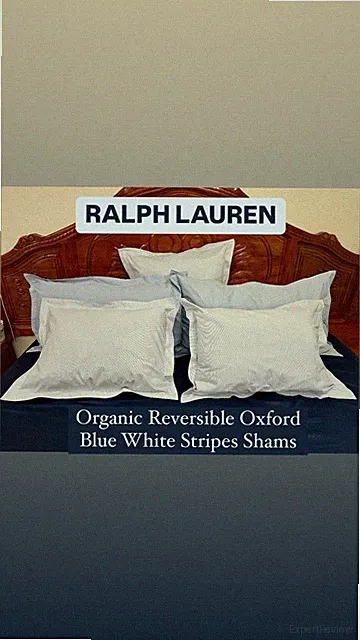King set of 2 Ralph Lauren Organic Reversible Oxford BlueWhite Stripes Shams