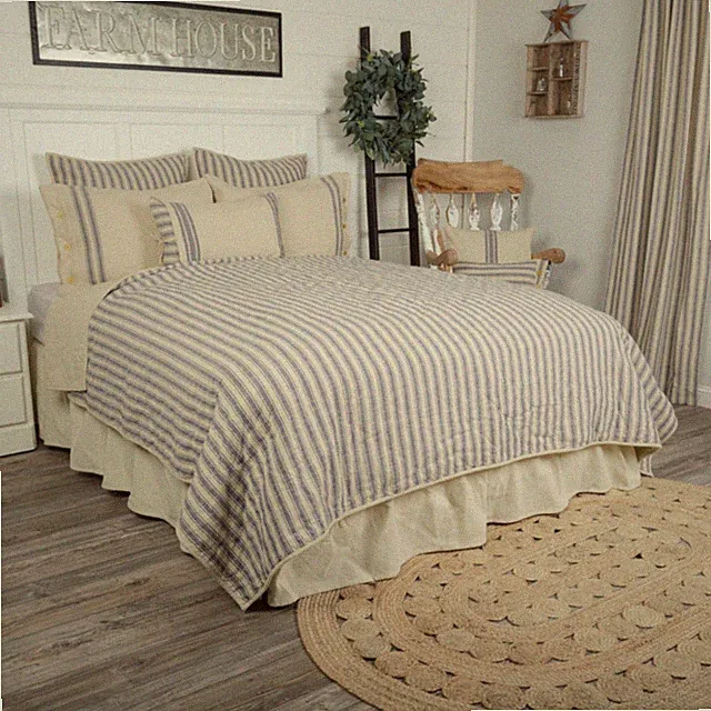 Market Place Blue Stripe Cotton Country Farmhouse Bedding Collection