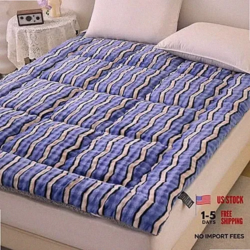 Mattress Topper Size 60 x 80 inches, Warm Thicken Velvet Queen Blue W Stripes