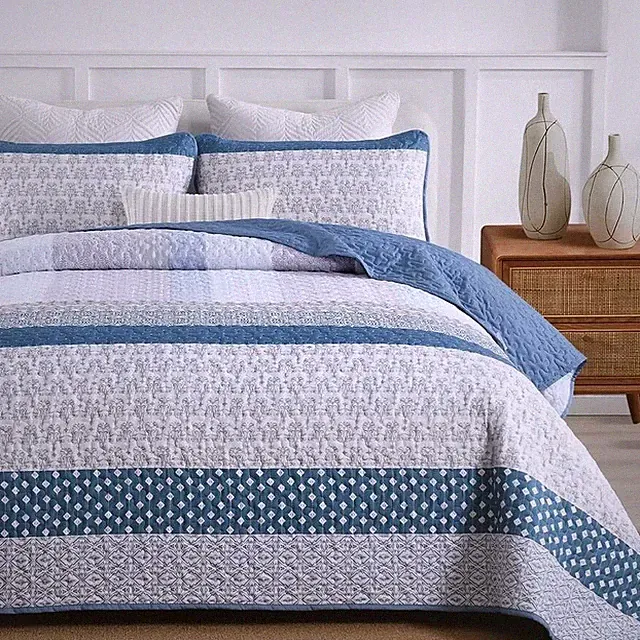 NEW Blue Bohemian Striped Quilt Set Queen King Boho Bedspread FREE SHIPPING