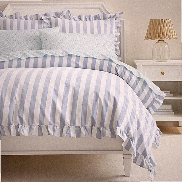 Potterybarn Cabana Stripe Ruffle Duvet Cover Blue F/Q + 2 Standard Shams