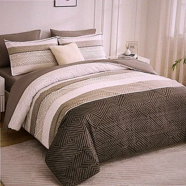Queen Comforter Set 7 Piece Bed in a Bag Brown Striped Bedding Set Microfiber