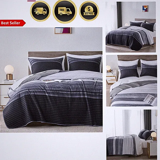 Queen Quilt Bedding Set Microfiber Striped Bedspread Coverlet Pillows