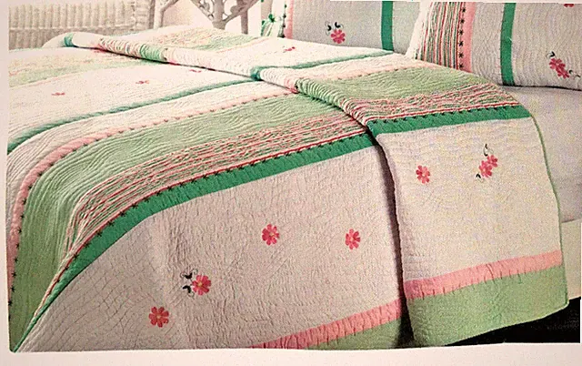 QUEEN QUILT green pink white STRIPES embroidered FLOWERS cotton ~ NEW Julianna