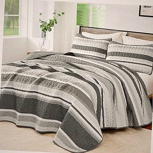 Queen Quilt, Striped Quilts Bedspread Set with Shams, Queen(96"x90") Grey