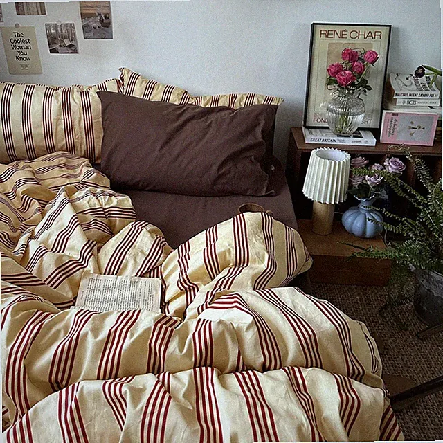 Retro Striped Duvet Cover Set Queen - 100% Natural Cotton 3-Piece Vintage Red...