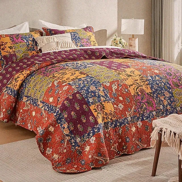 Reversible 3-Piece King Size Cotton Patchwork Quilt Set in Orange