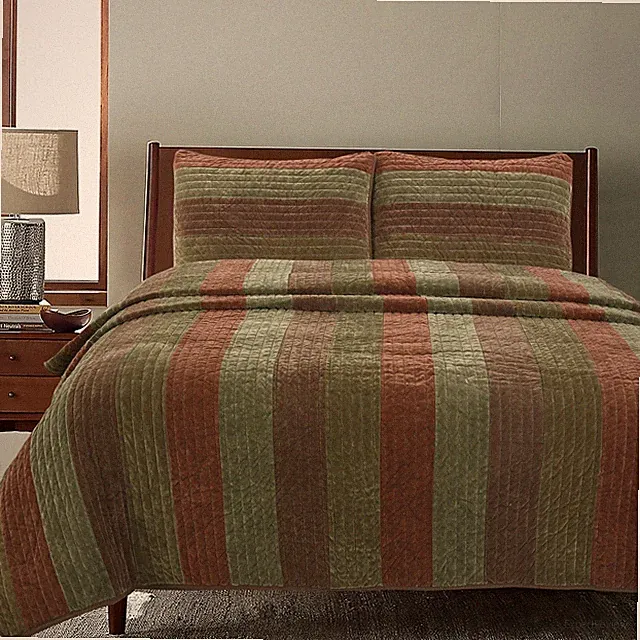 Rhett Brown Striped Polyester Reversible Quilt Set, Bedspread, Coverlet