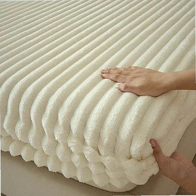 Soft Warm Plush Mattress Protector Cover Thick Velvet Striped Fitted Sheet 1PC
