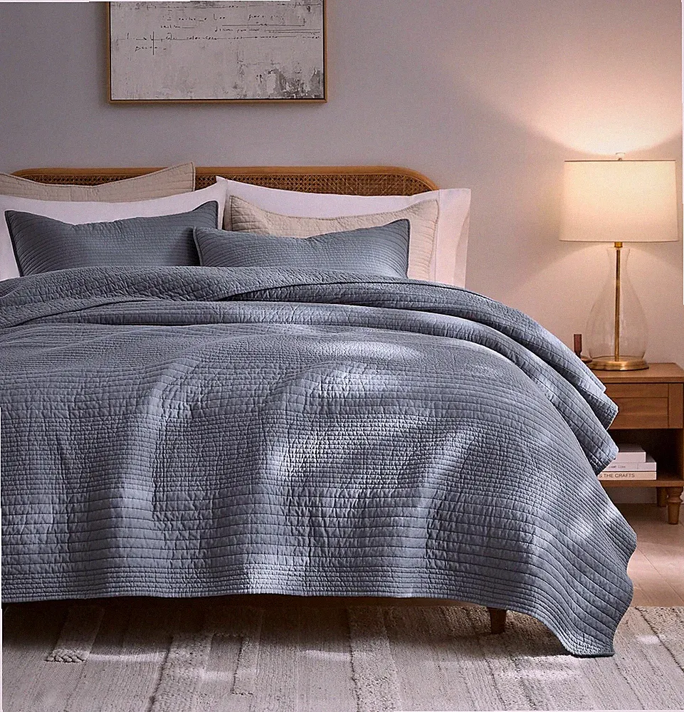 Striped Blue Grey 100% Cotton Quilt California Cal King Size Bedding Sets, Overs