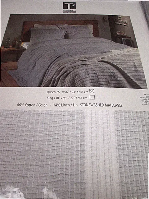 TEXTEIS PENEDO Portugal Cotton Linen Matelasse Gray White Stripe Coverlet- Queen