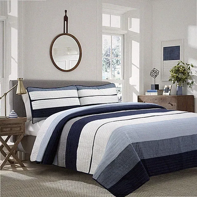 Tranquil Blue Gray Striped 100%Cotton Quilt Set, Bedspread, Coverlet