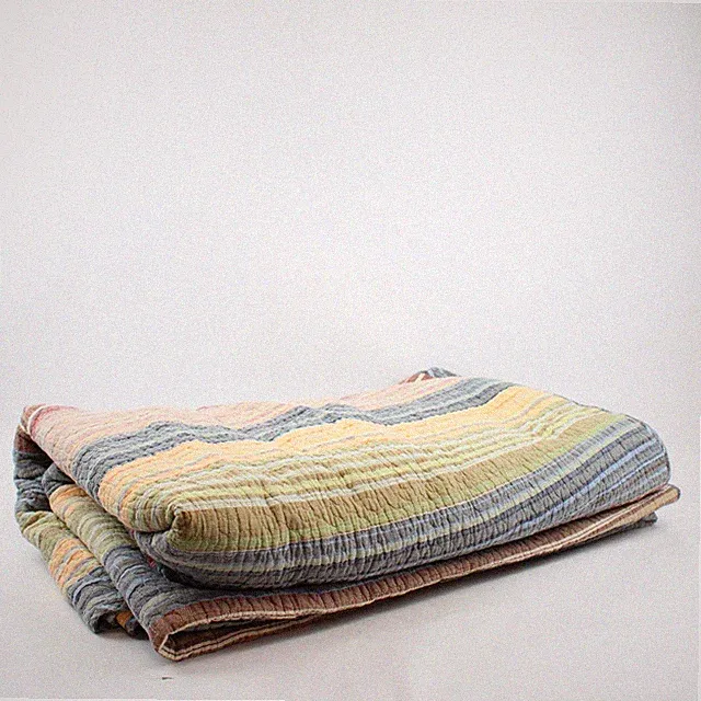 Unbranded Gray Blue Orange Striped Bedspread 100% Cotton King Size 119" x 118"